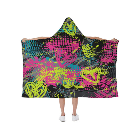 Ptahra B Black/Yellow/Pink Hearts Hooded blanket With Soft Fleece Lining