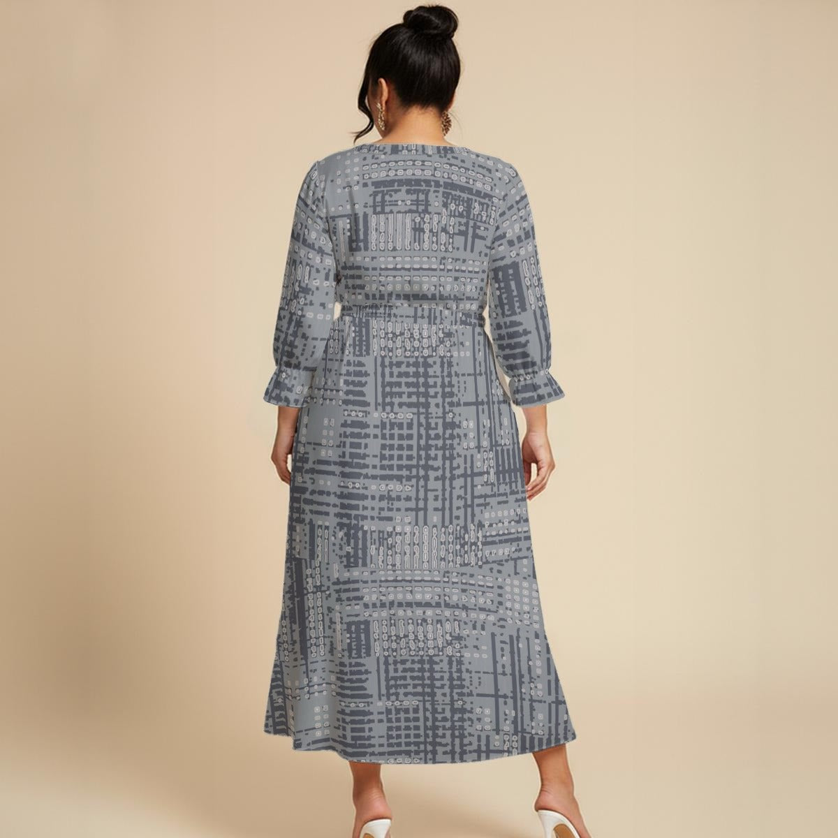 Ptahra Women’s Elegant Multi-Grey Pattern Maxi Dress