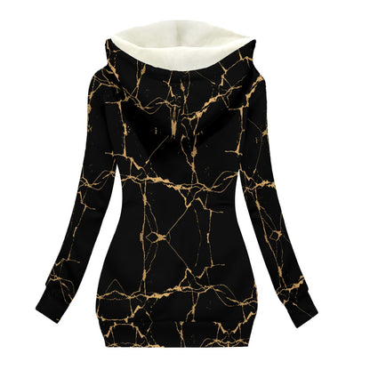 Ptahra Women's Black/Yellow Gold Granite Design Long Jacket With Fleece Lining