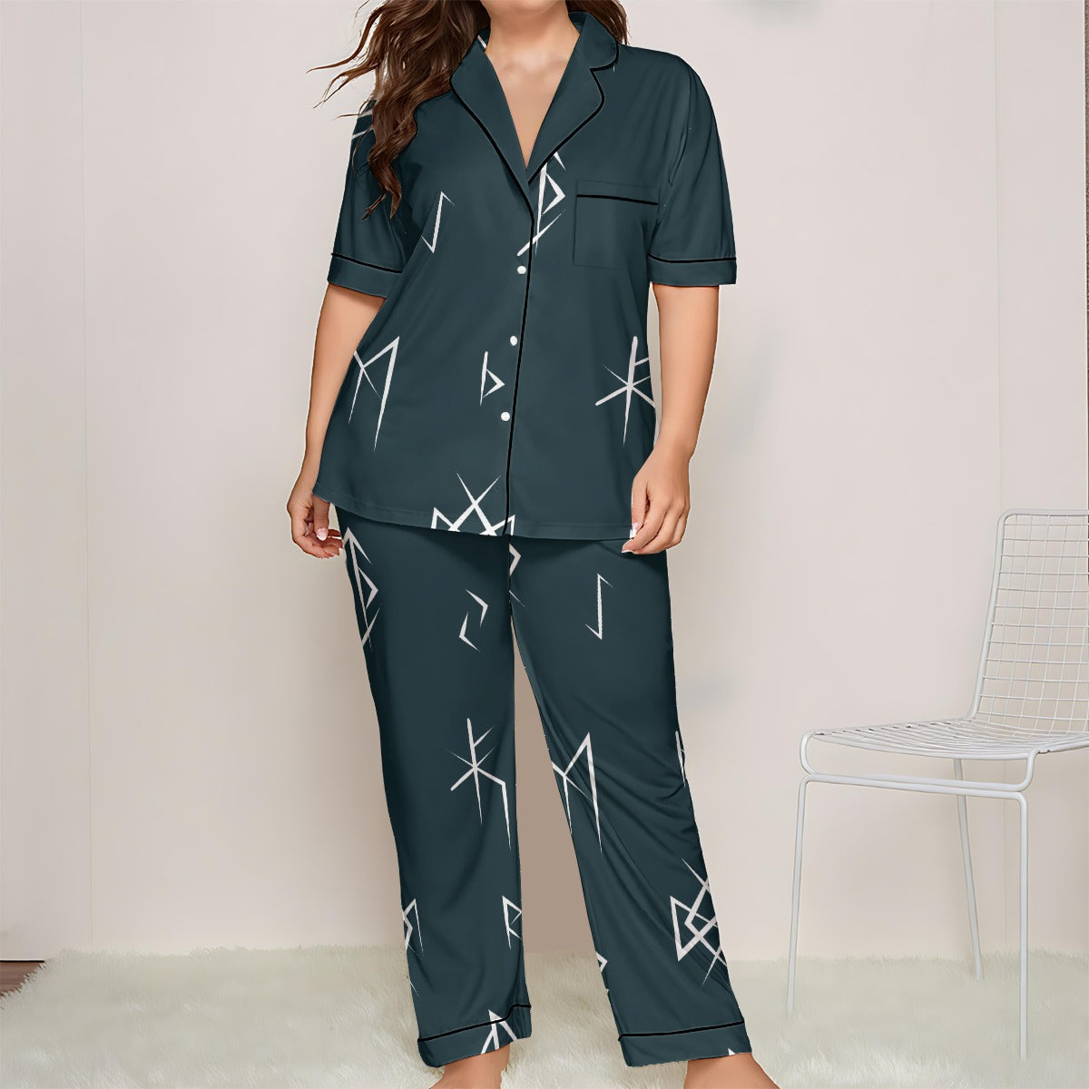 Ptahra B Women's Grey/White Design Trousers Pajamas Set