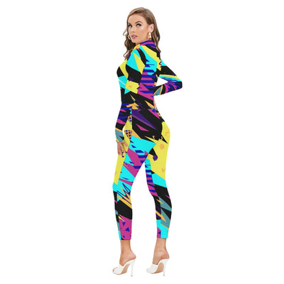 Ptahra B Women's Bright Retro Style Long-sleeved High-neck Jumpsuit with Zipper