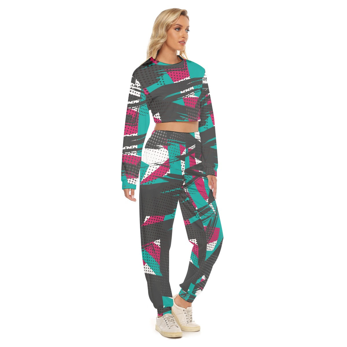 Ptahra B Women Faded Multi-Design Crop Sweatshirt Suit