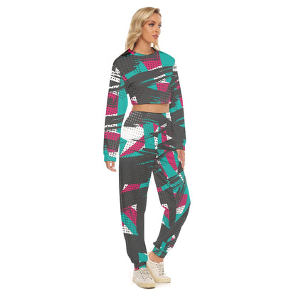 Ptahra B Women Faded Multi-Design Crop Sweatshirt Suit