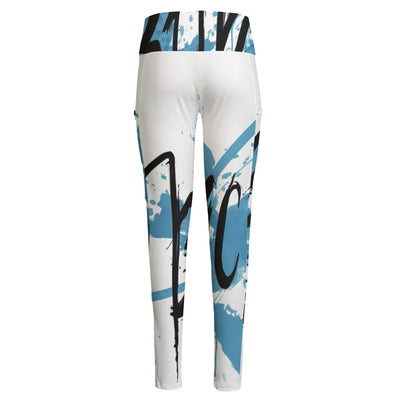 Ptahra B Women's White/Blue Black Design High Waist Leggings With Side Pocket