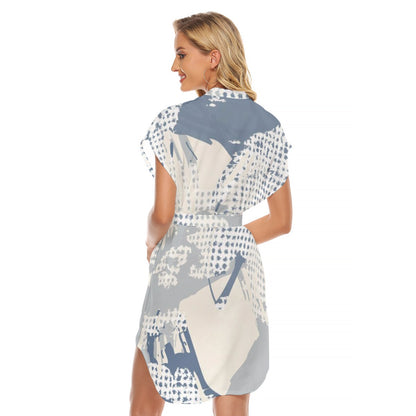 Ptahra B Women's Light Beige/Blue Grey Design Stand-up Collar Casual Dress with Belt