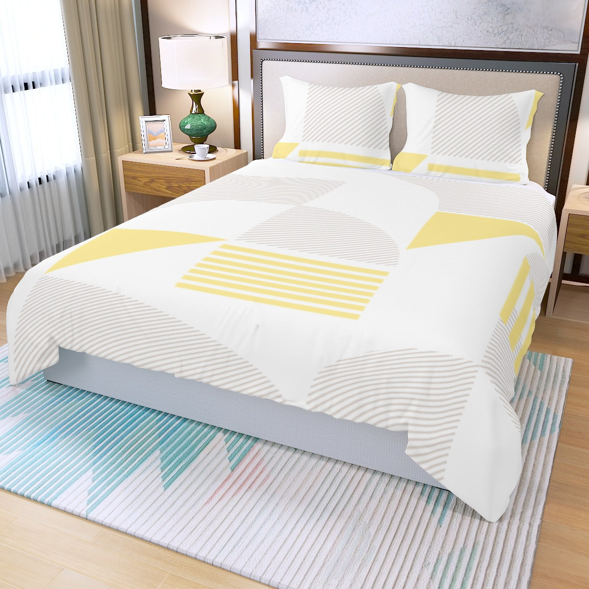 Ptahra White/Yellow/Grey line/Shapes Pattern Three Piece Duvet Bedding Set