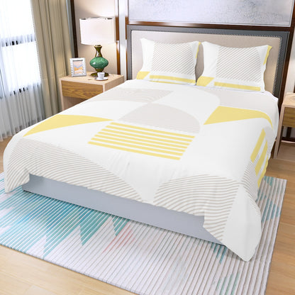 Ptahra White/Yellow/Grey line/Shapes Pattern Three Piece Duvet Bedding Set