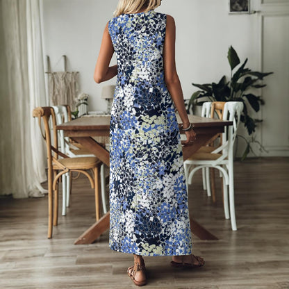 Ptahra Women's White/Grey Multi-Blue Art V-Neck Long Dress