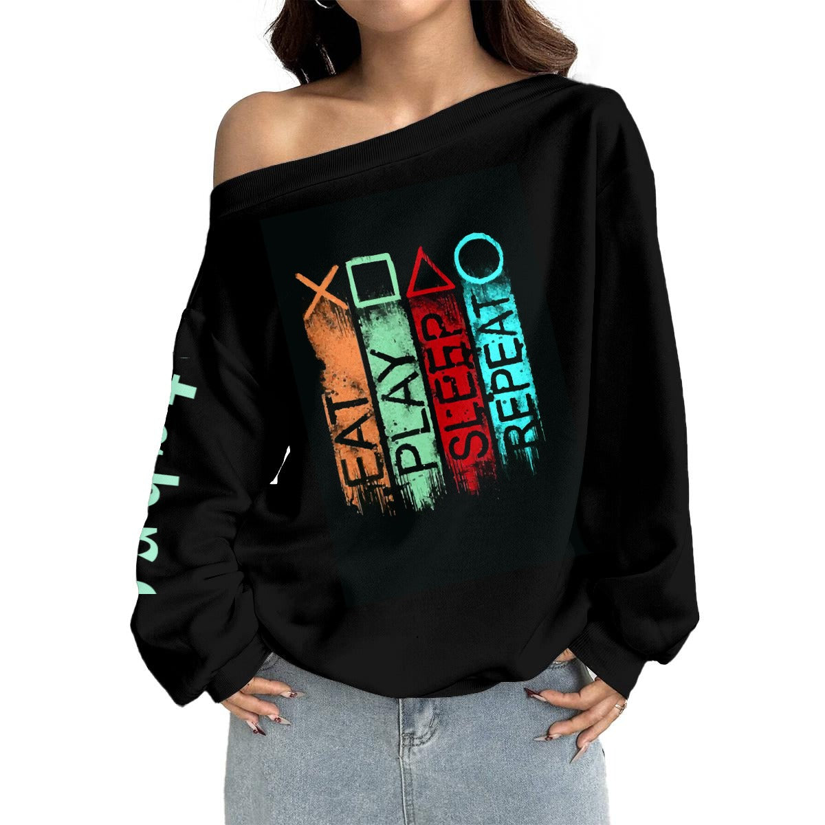 Ptahra Women's Black Stylish Gamer Play Off-Shoulder Sweatshirt with Micro-Fleece Lining