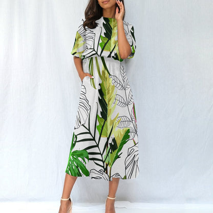 Ptahra B Women's Green Leaf Pattern on White Elastic Waist Dress