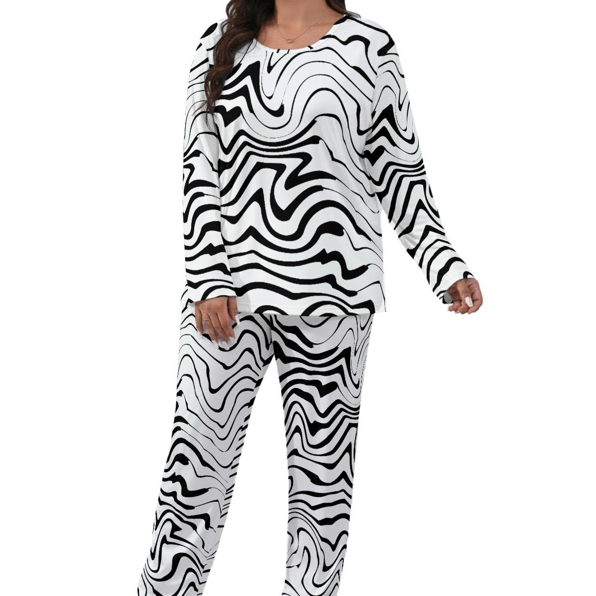 Ptahra Women’s White/Black Squiggly Line Pattern Loungewear Set