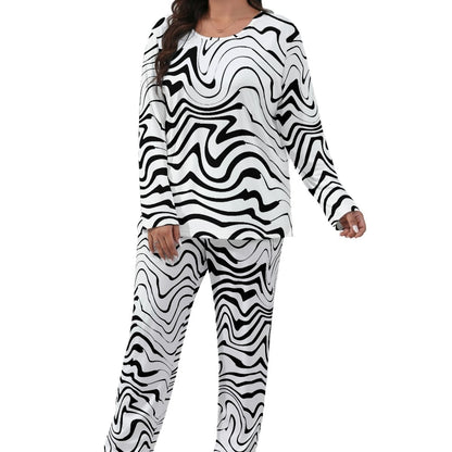 Ptahra Women’s White/Black Squiggly Line Pattern Loungewear Set