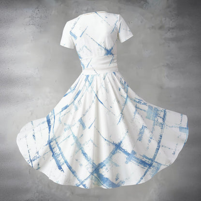 Ptahra Women's White/Blue Swipe Line Pattern Short Sleeve Casual V Neck Midi Dress