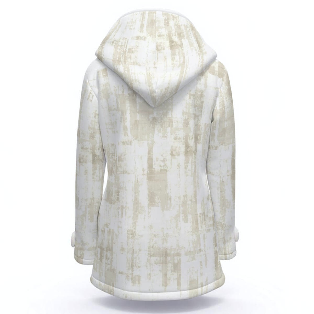 Ptahra Women's White/Light Beige Brush Stroke Hooded Double-Breasted Winter Coat With Fleece