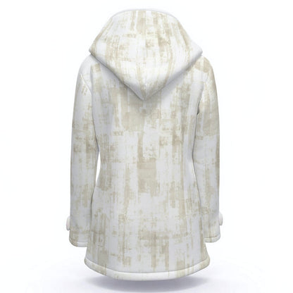 Ptahra Women's White/Light Beige Brush Stroke Hooded Double-Breasted Winter Coat With Fleece