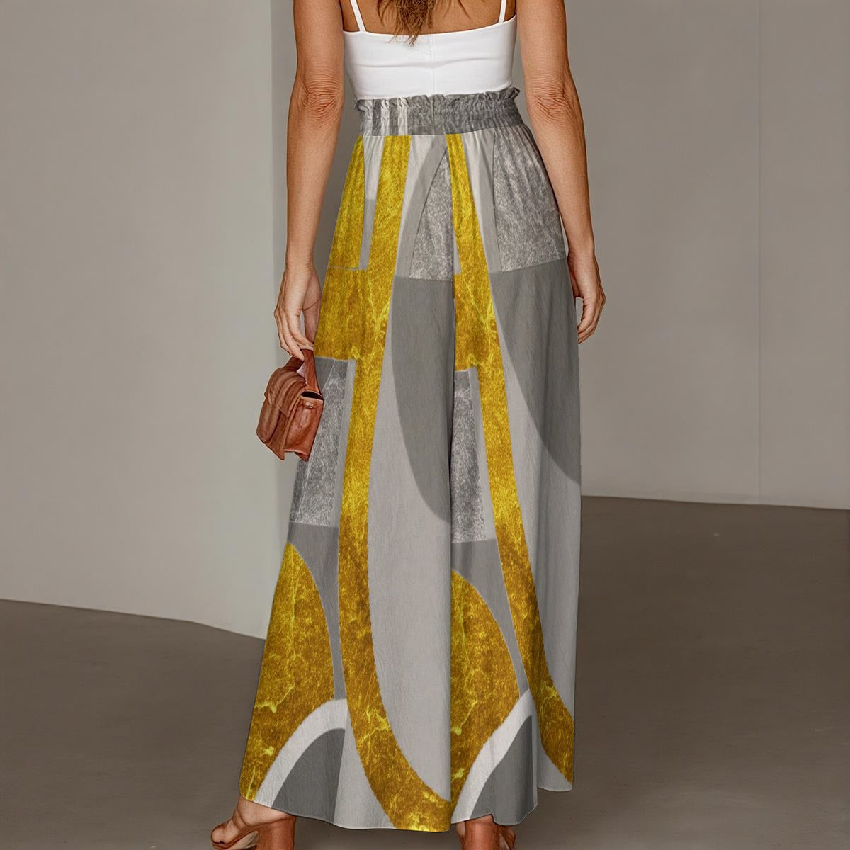 Ptahra Women's Multi-Grey/Yellow Gold Ruffled Wide-Leg Pants