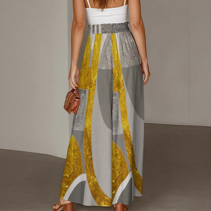 Ptahra Women's Multi-Grey/Yellow Gold Ruffled Wide-Leg Pants