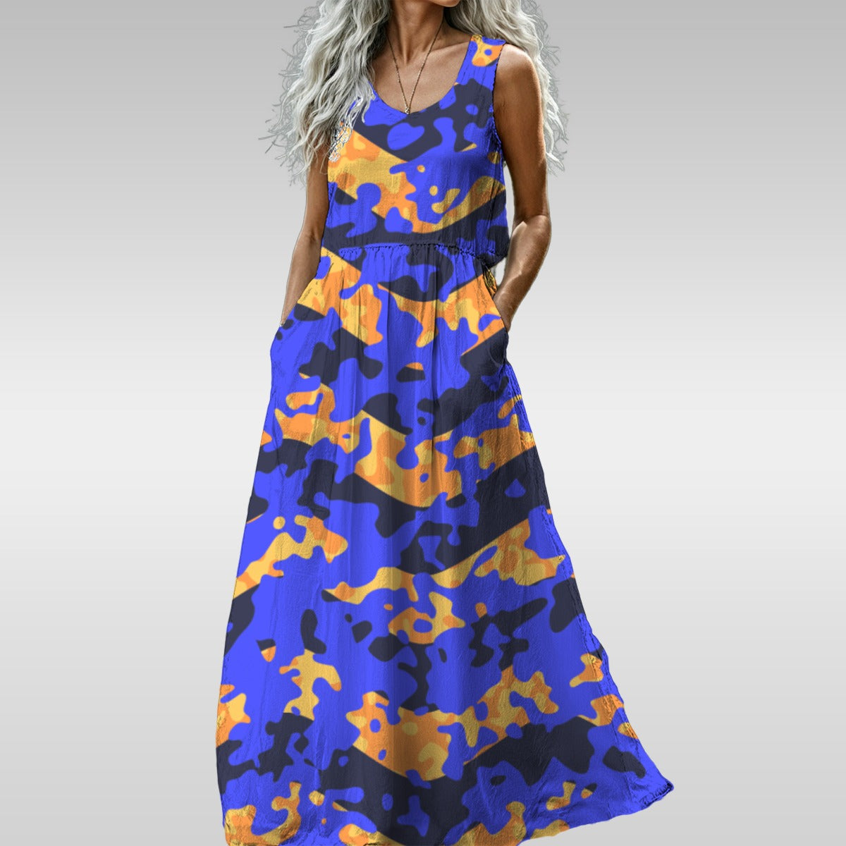 Ptahra B Women’s Zigzag with Blue Camo Sleeveless Maxi Dress