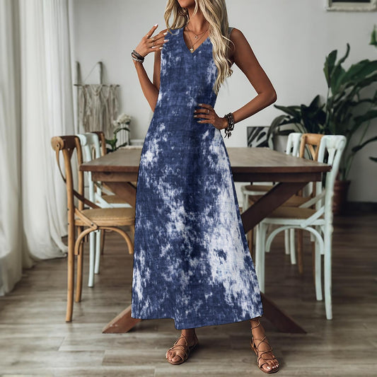 Ptahra Women's Navy Blue/White Blend V-Neck Long Dress