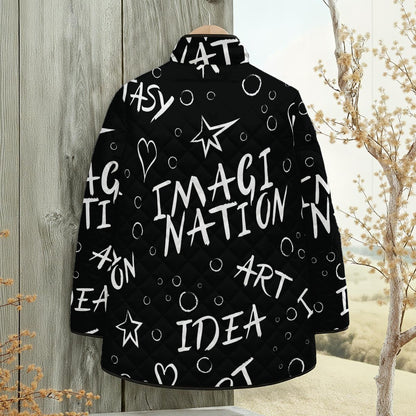 Ptahra Women's Black/White Lettering Quilted Jacket with Side Slits