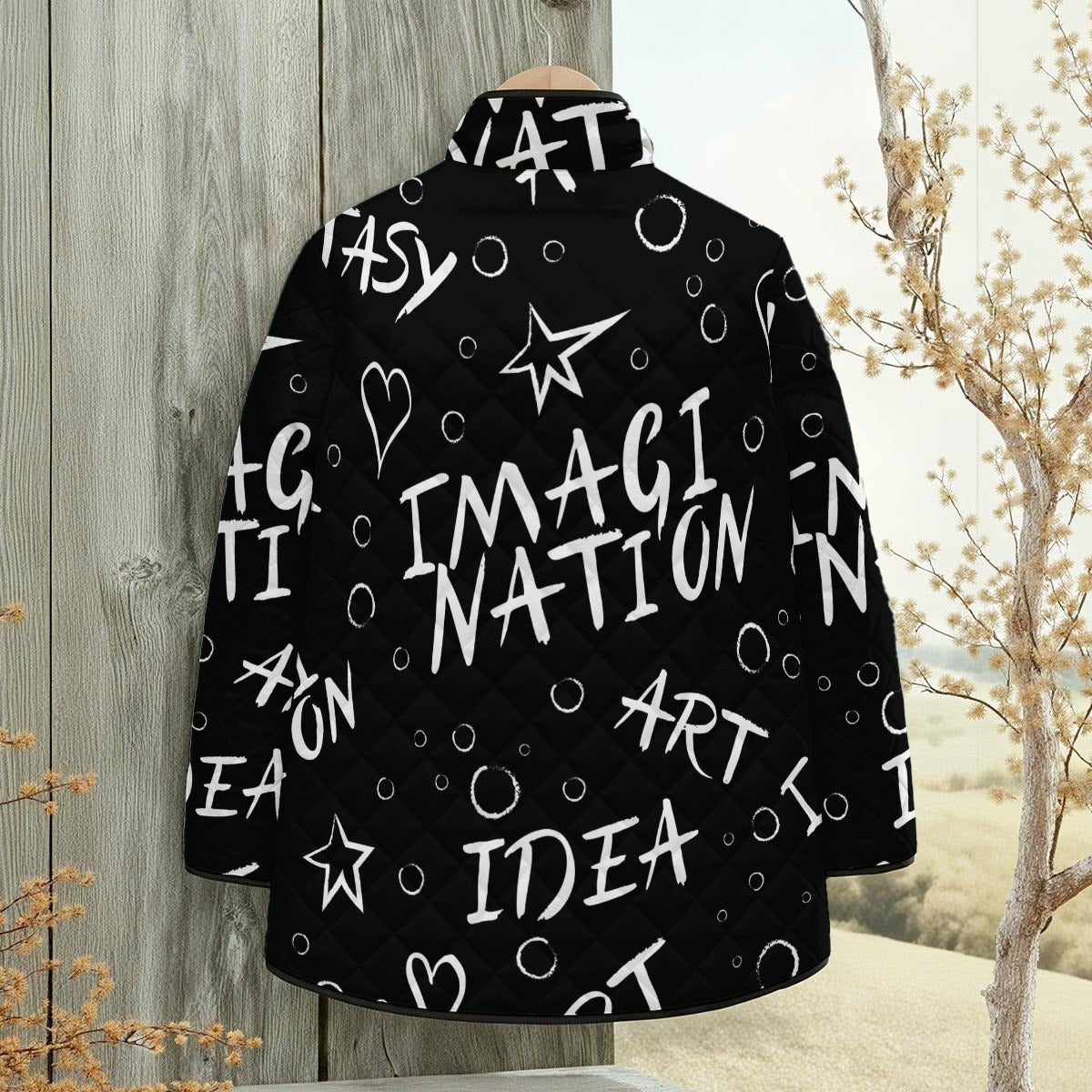 Ptahra Women's Black/White Lettering Quilted Jacket with Side Slits