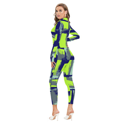 Ptahra B Women's Navy Blue/Grey/Lime Green Long-sleeved High-neck Jumpsuit with Zipper