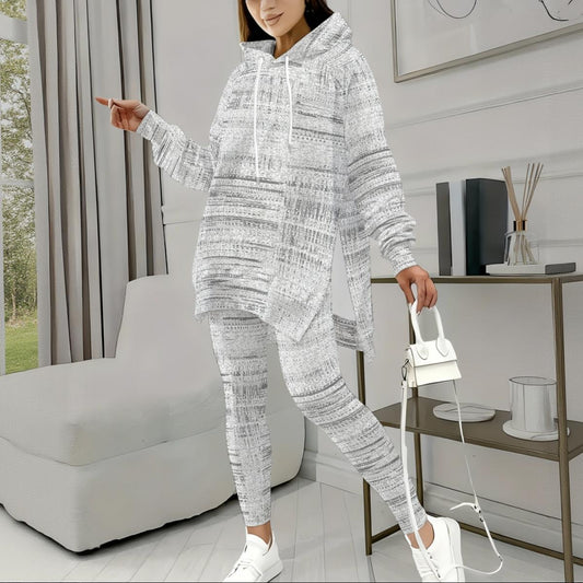 Ptahra Women's Grey Lines Pattern Stretch Hoodie Set