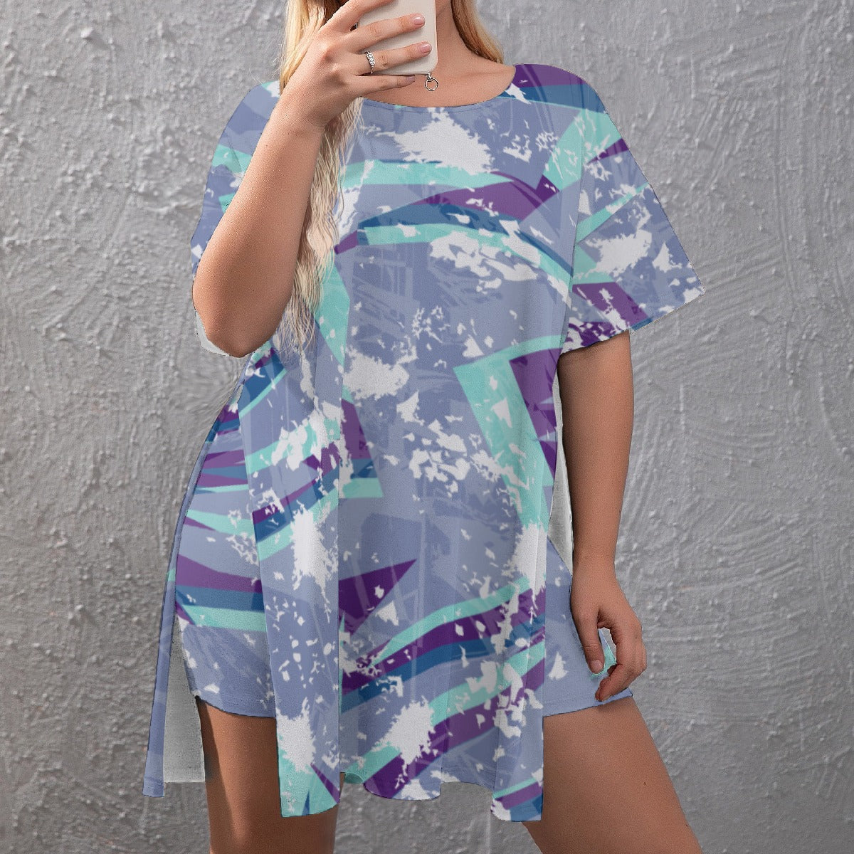 Ptahra B Women's Blue/Purple/White Splat Design Drop-Shoulder T-Shirt with Side Split and Shorts