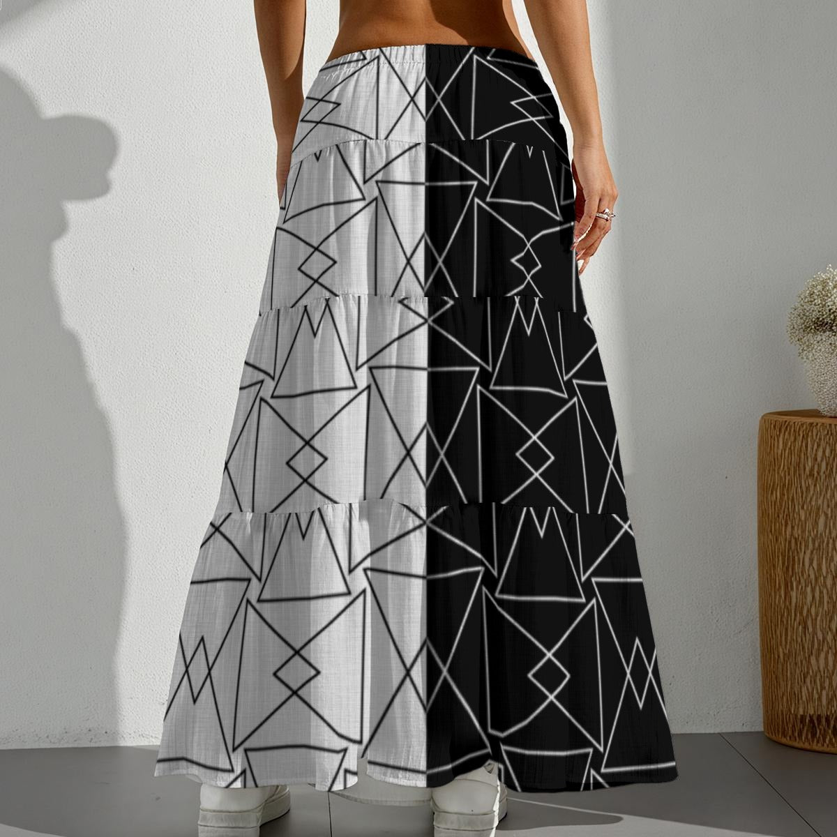 Ptahra Women's Half White Half Black Pleated Long Skirt