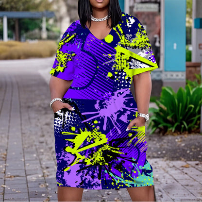 Ptahra B Women's Fun Bright Color V Neck Short Sleeve Dress/Plus Size