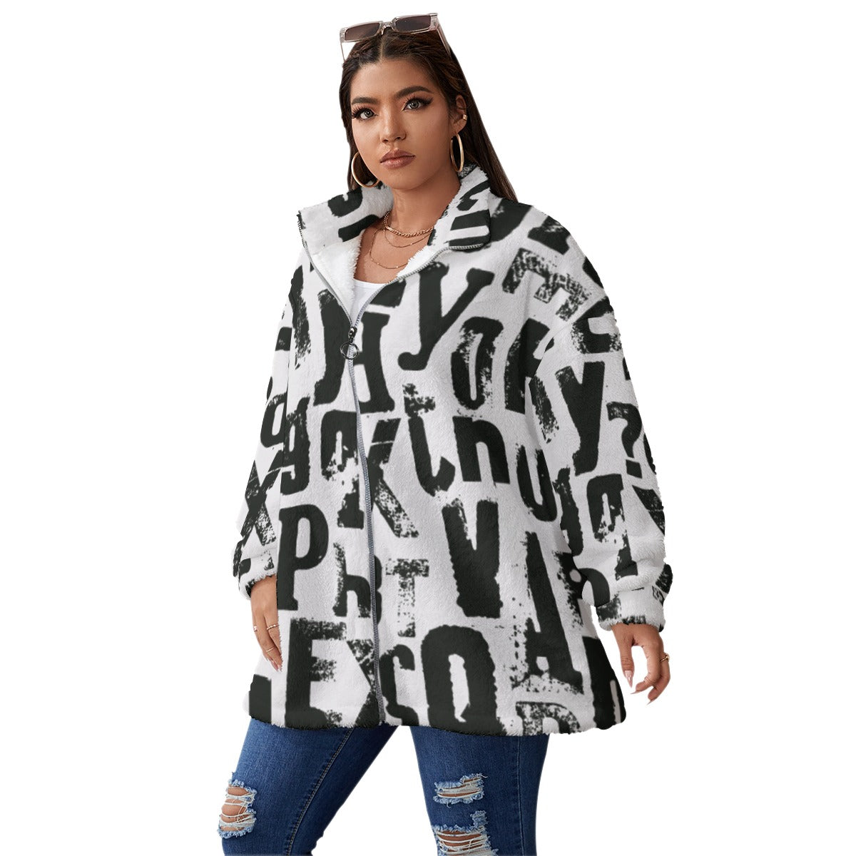 Ptahra B Black lettering Borg Fleece Stand-up Collar Coat With Zipper Closure (Plus Size)