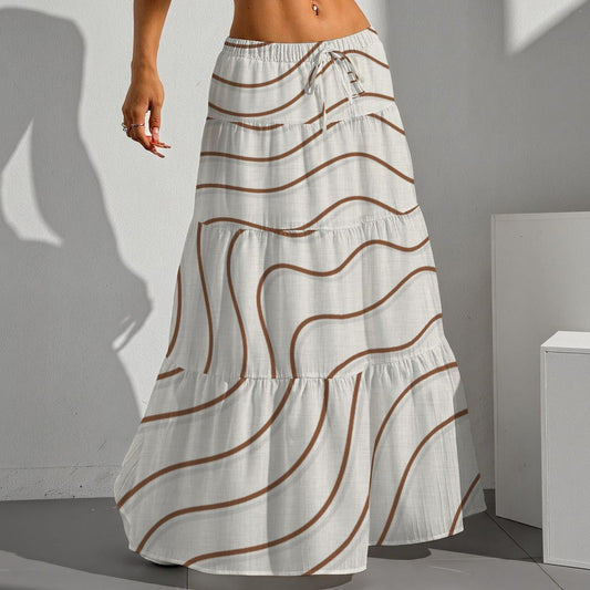 Ptahra Women's Off White/Brown Swerve Line Pattern Casual Pleated Long Skirt