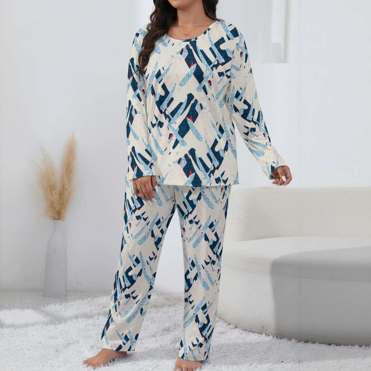 Ptahra Women’s White Multi-Blue Pattern Loungewear Set