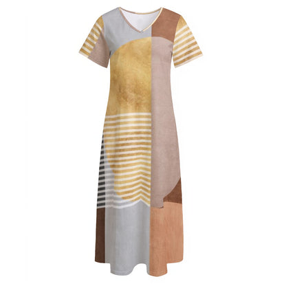 Ptahra B Women's Multi-Brown Design V-neck Dress With Side Slit