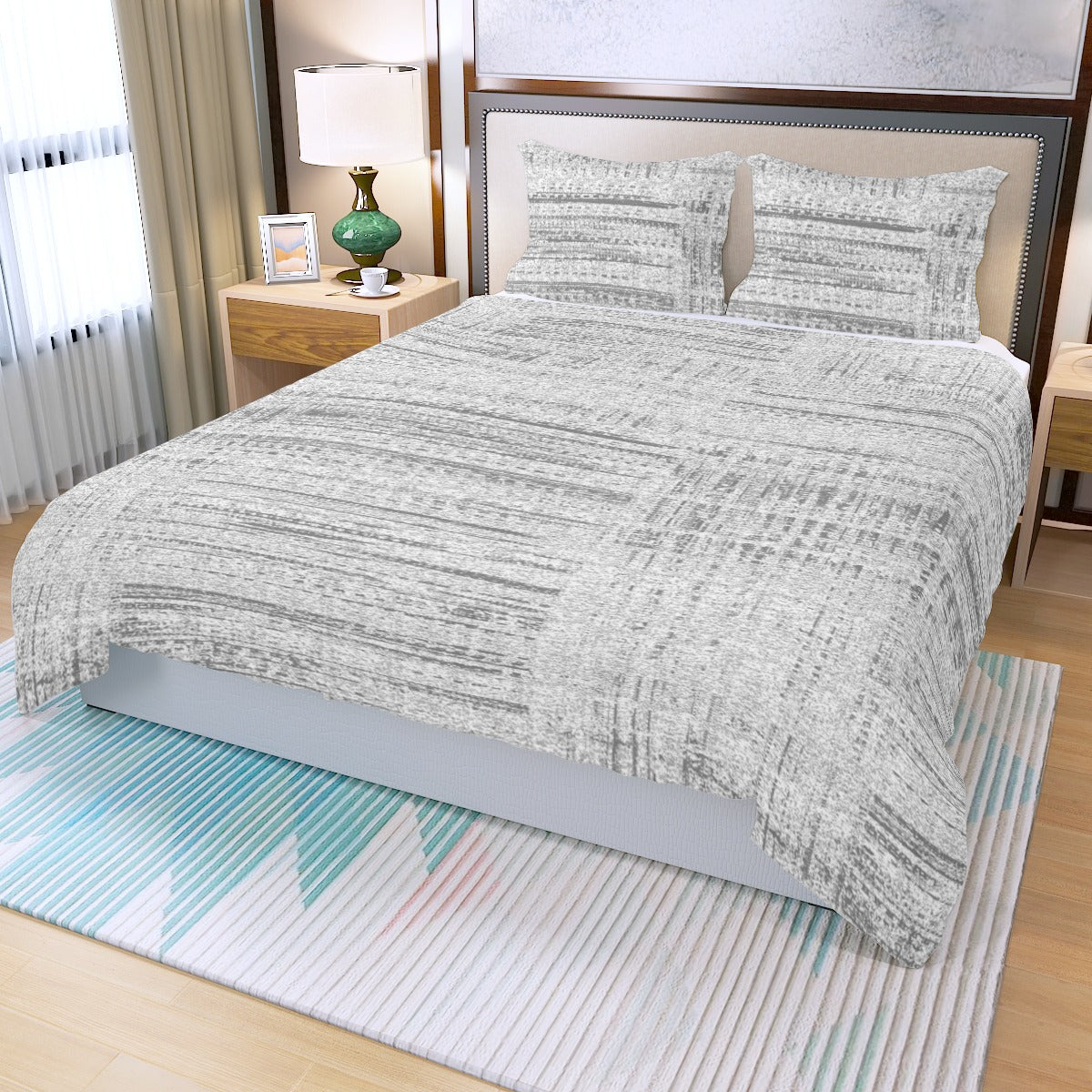 Ptahra B Grey Stroke Pattern Three Piece Duvet Bedding Set