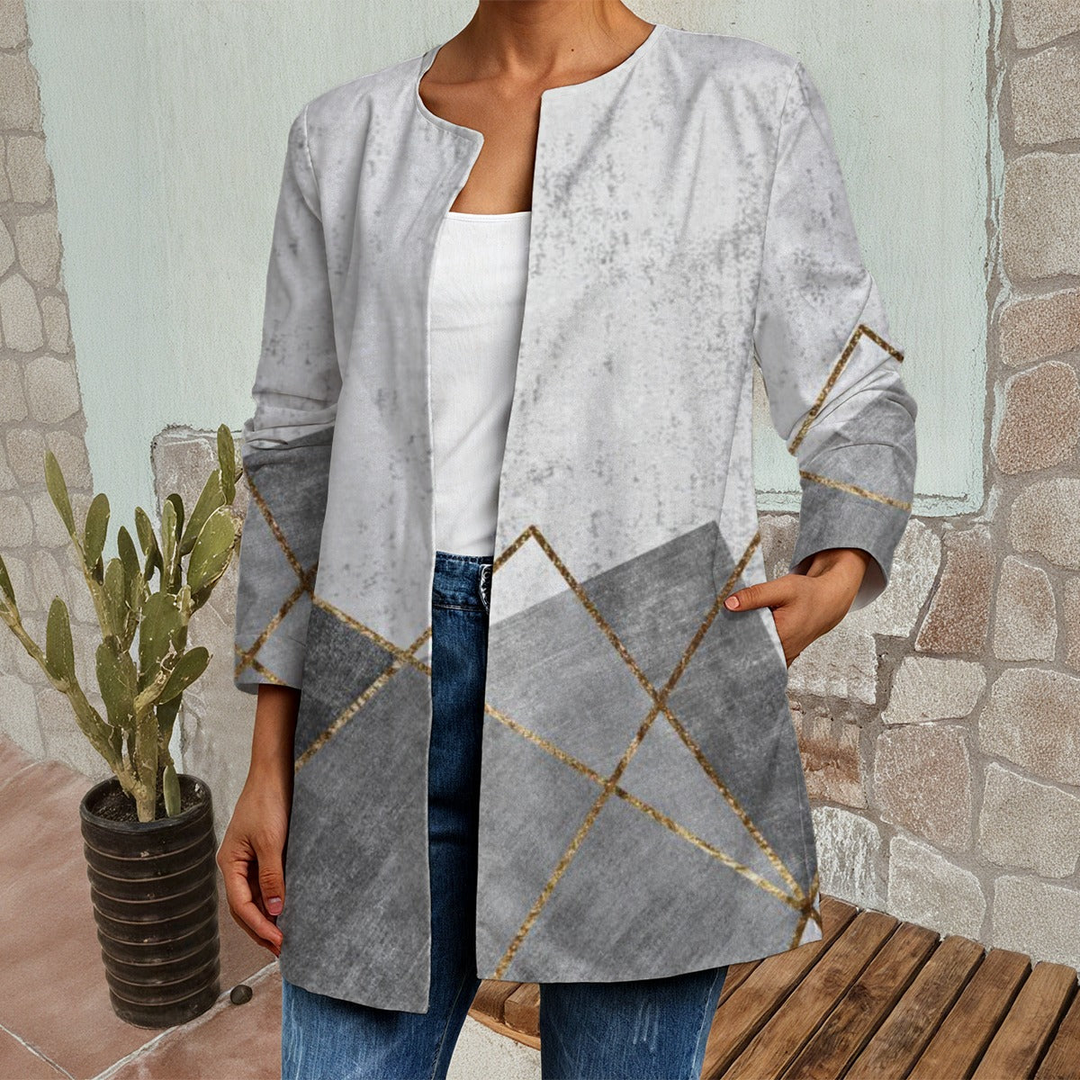 Ptahra B Women's Grey/Gold Line Design Faux Sweater Cardigan