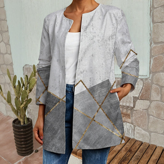 Ptahra B Women's Grey/Gold Line Design Faux Sweater Cardigan