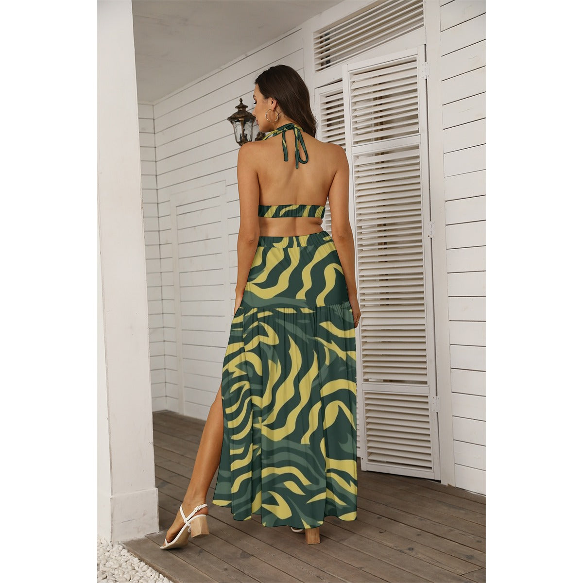 Ptahra B Women's Green/yellow Tie Back Wrap Dress