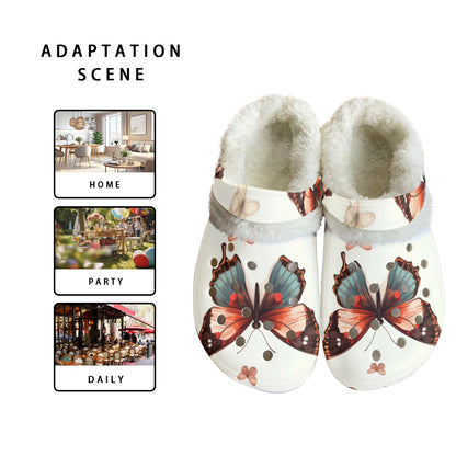 Ptahra B Women's White/Brown/Butterfly Classic Clogs with Fleece