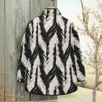 Ptahra Women's White/Black Feather Pattern Quilted Jacket with Side Slits