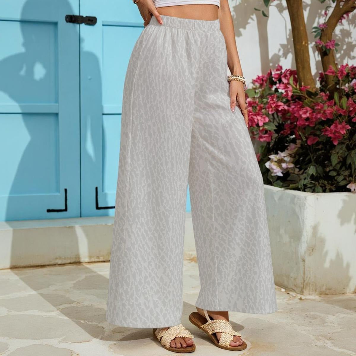 Ptahra Women's Light Grey Pattern Lightweight Wide-Leg Pants With Pockets