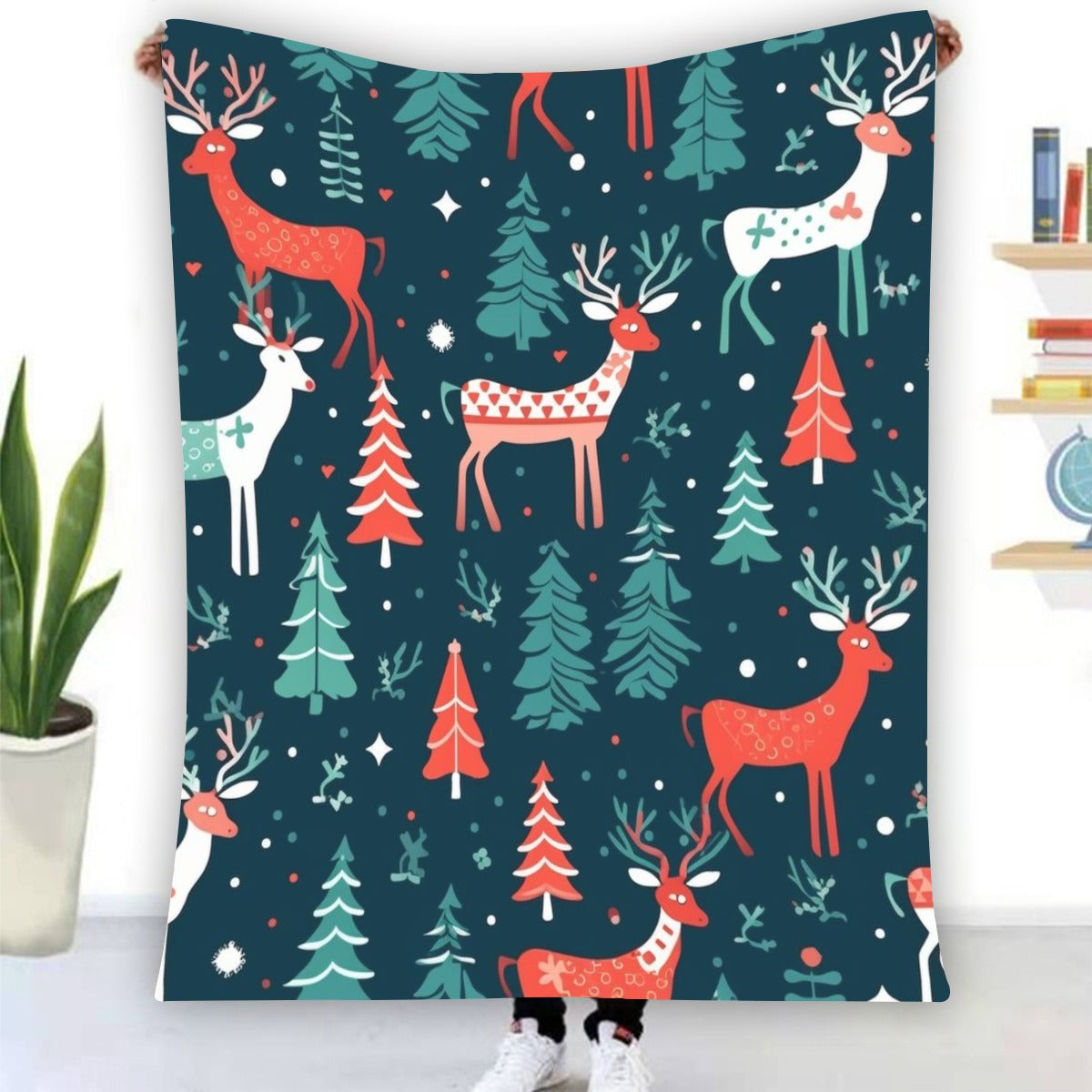 Ptahra Festive Holiday Deer Single-Side Flannel Blanket