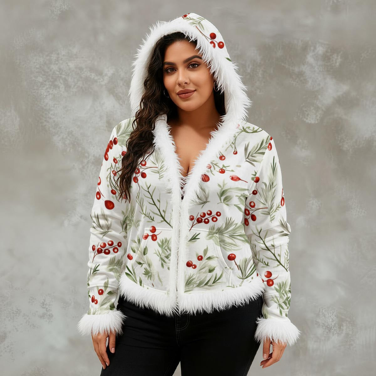 Ptahra Women's White Cherry Leaf Floral Pattern Faux Fur Trim Hooded Jacket | Velvet