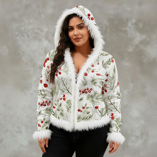 Ptahra Women's White Cherry Leaf Floral Pattern Faux Fur Trim Hooded Jacket | Velvet