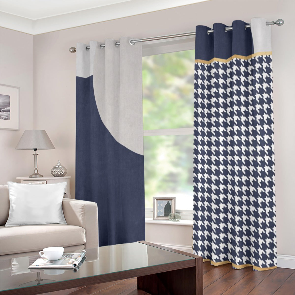 Ptahra B Light Grey/Navy Blue Grommet Curtains