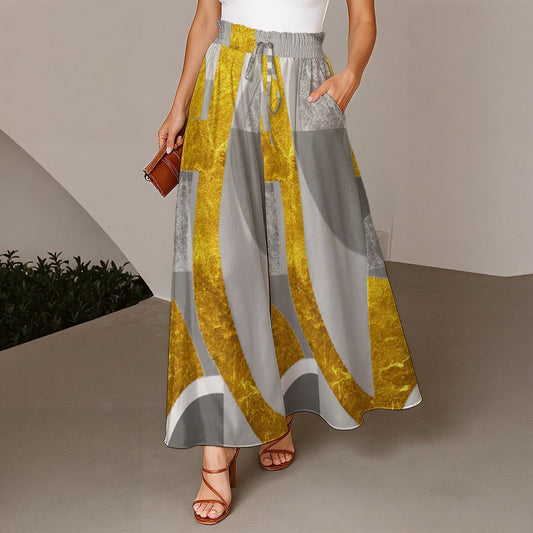 Ptahra Women's Multi-Grey/Yellow Gold Ruffled Wide-Leg Pants