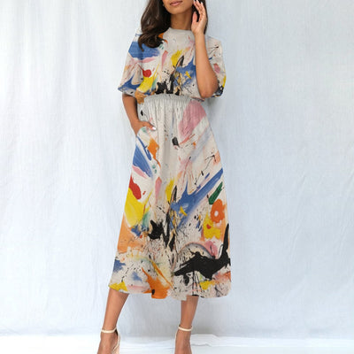 Ptahra B Women's Multi-Color Art Splat Elastic Waist Dress