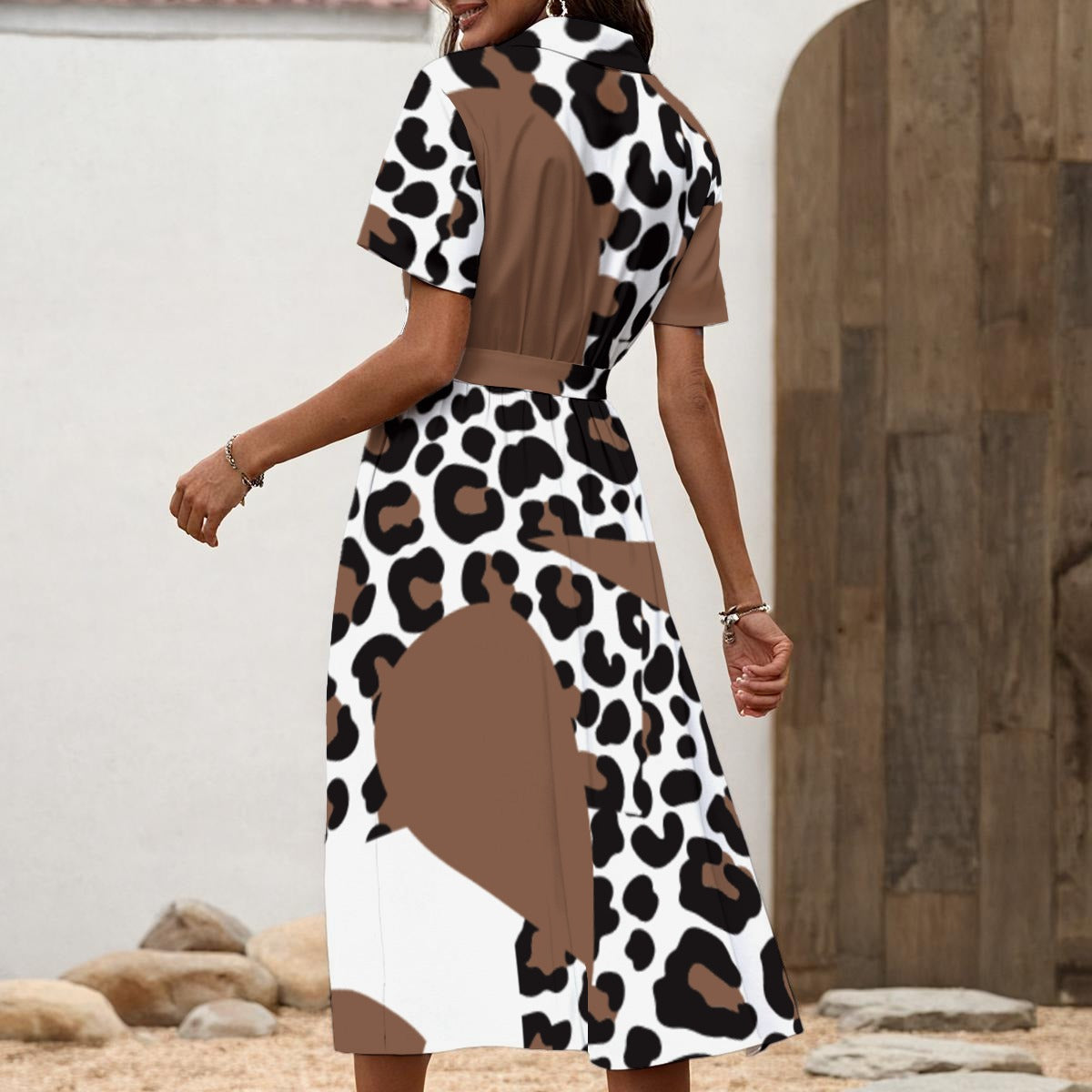 Ptahra B Women's Brown/Leopard Print Shirt Dress with Waist Tie