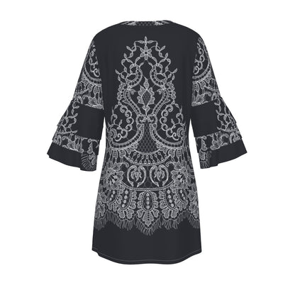 Ptahra B Women's Black/White Stacked Ruffle Sleeve Dress