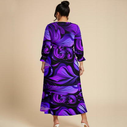 Ptahra Women’s Black/Purple Leaf Swirl Maxi Dress